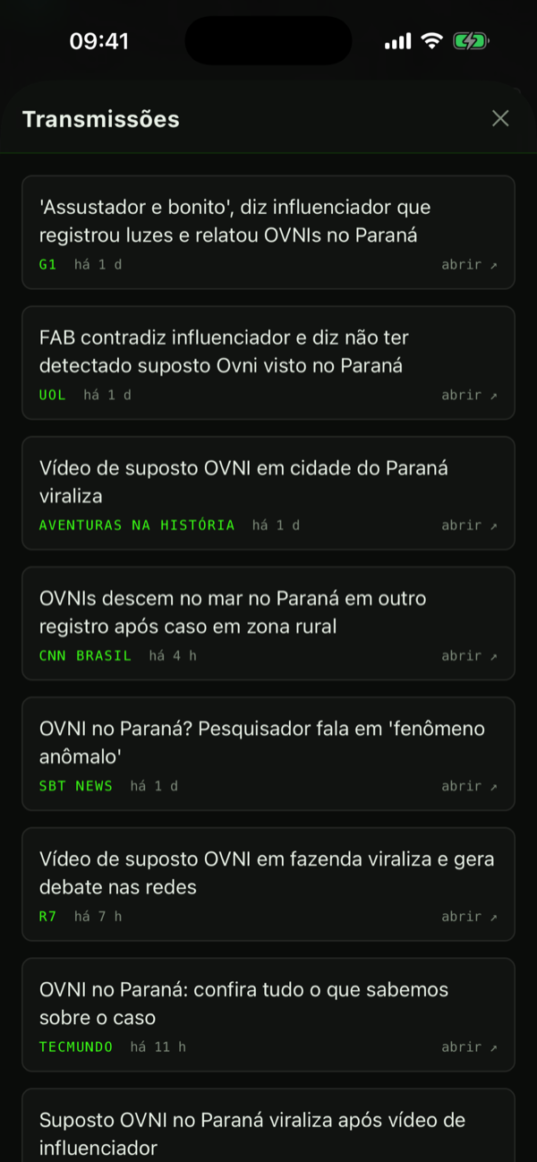 Transmissões: notícias atuais de UFO